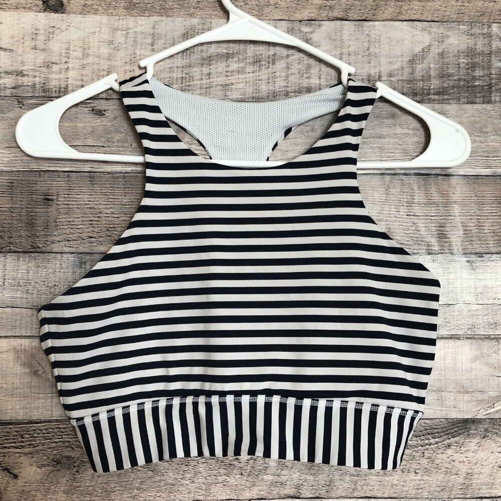 Athleta High Neck T Back Sports Bra Navy Stripe Small S